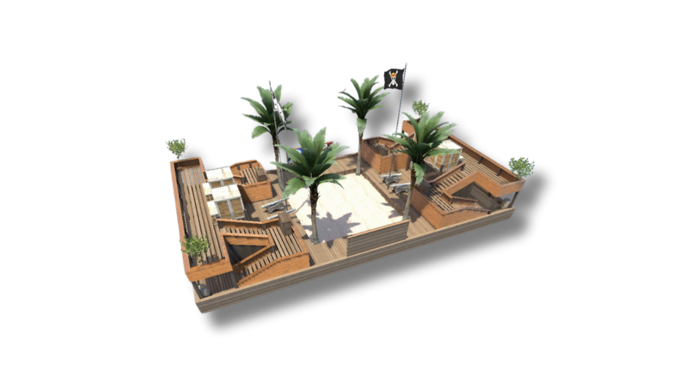 3D model of a Counter Strike 2 game arena featuring duel zones with wooden structures and palm trees, available for strategic 1v1 gameplay on the Nexus Play server."