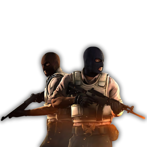 Two armed CS2 characters in tactical gear standing back-to-back, ready for combat in Nexus Play's gaming arena.